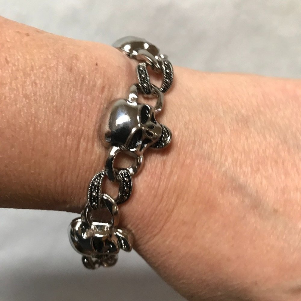 Skull Bracelet Chain Biker Silver Rock Mans Moto Gothic Motorcycle Skulls Unisex - Picture 8 of 10